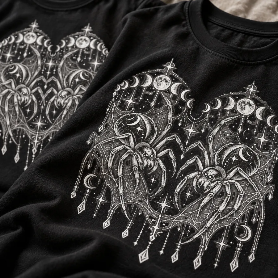 Close-up of Night Crawler Couple white spider and celestial web print showing fine line detail on black cotton fabric