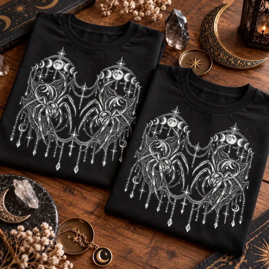 Folded black Night Crawler Couple matching tees displaying detailed spiders, moon phases, stars and white web artwork