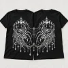 Front flat lay of black Night Crawler Couple spider matching shirts for couples with white moon phase and connecting web artwork