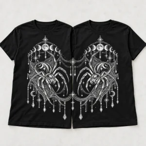 Front flat lay of black Night Crawler Couple spider matching shirts for couples with white moon phase and connecting web artwork