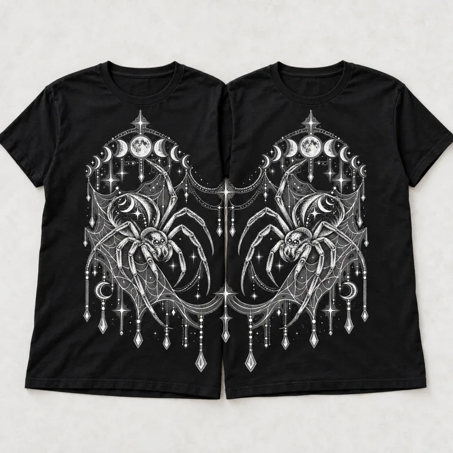 Front flat lay of black Night Crawler Couple spider matching shirts for couples with white moon phase and connecting web artwork