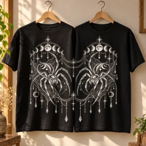 Night Crawler Couple black matching spider tees on wooden hangers showing white moon phase and web line art