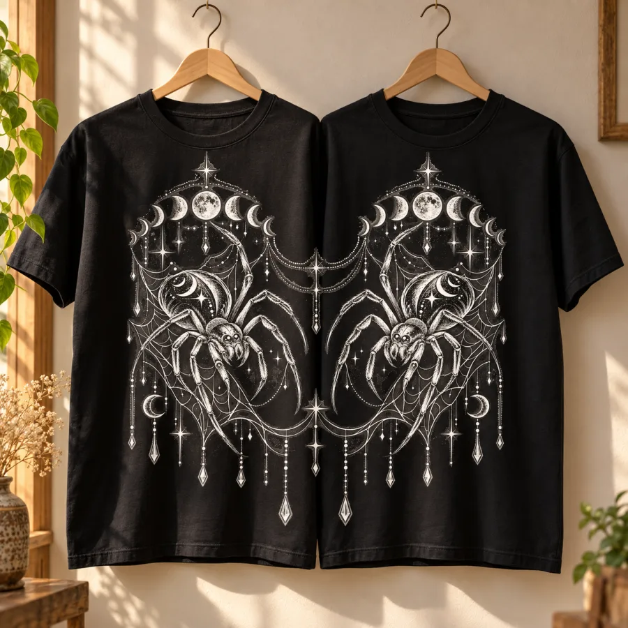 Night Crawler Couple black matching spider tees on wooden hangers showing white moon phase and web line art