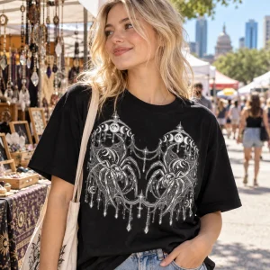 Blonde woman wearing a black Night Crawler Couple spider matching tee at an outdoor Austin street market