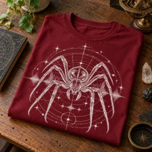 Folded burgundy Night Frequency shirt with white line art visible