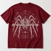 Front flat lay of burgundy Night Frequency retro spider line art shirt