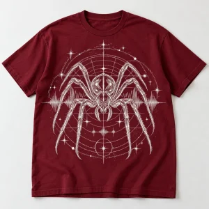 Front flat lay of burgundy Night Frequency retro spider line art shirt