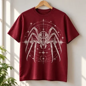 Burgundy Night Frequency unisex tee hanging on a wooden hanger
