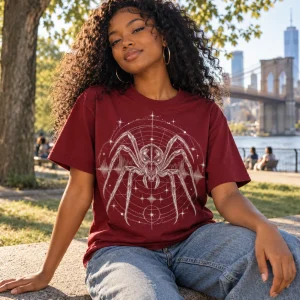 Man in Night Frequency spider shirt browsing vinyl records in a dim record shop