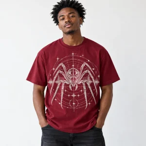 Woman wearing burgundy Night Frequency tee with white waveform spider print