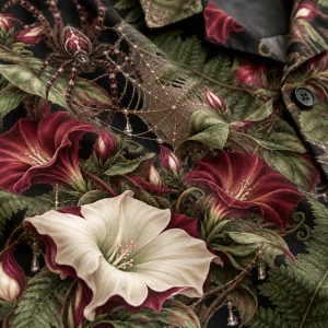 Close-up of spider, moonflower and fern pattern in burgundy, sage and cream
