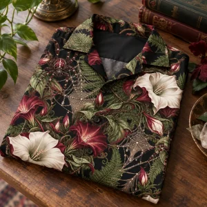 Folded black botanical spider button up shirt with camp collar