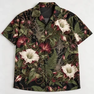 Front flat lay of black Night Garden Button-Up botanical spider shirt