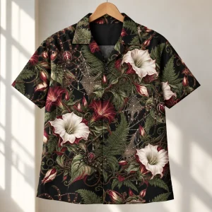 Night Garden Button-Up shirt on a hanger showing the full pattern