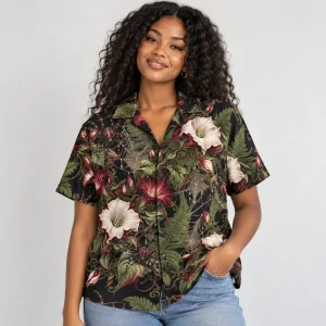 Model wearing black Night Garden camp collar button up shirt open over a tank