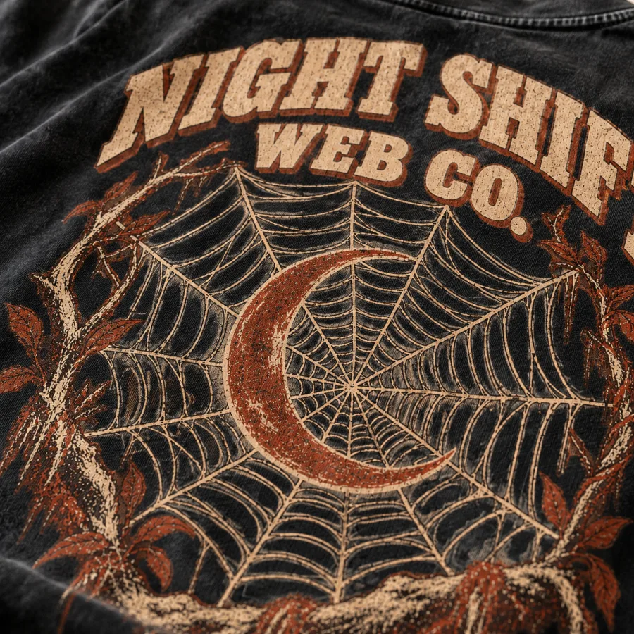 Close-up of worn tan and rust NIGHT SHIFT WEB CO. script and web