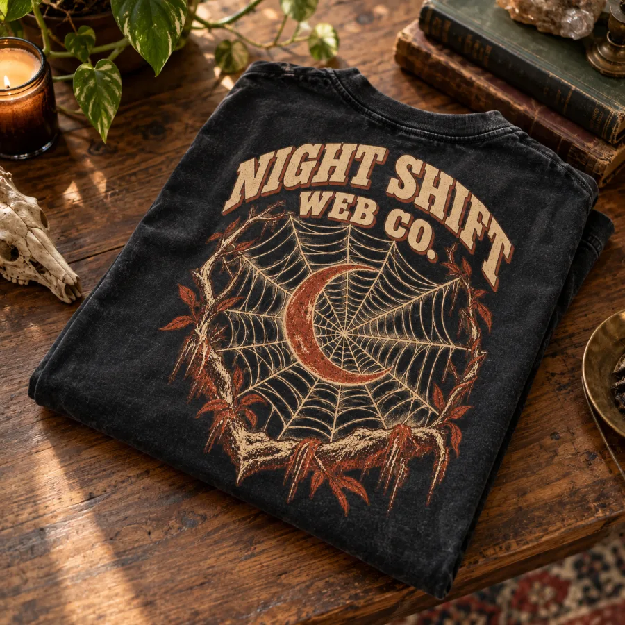 Folded washed black vintage spider back print shirt