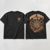 Front flat lay of washed black Night Shift Web Co. tee with small chest spider