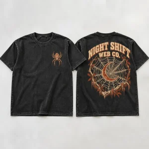 Front flat lay of washed black Night Shift Web Co. tee with small chest spider