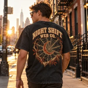 Man in Night Shift Web Co. tee leaning on a pickup truck outside a diner at night