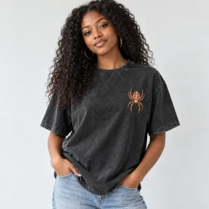 Model wearing washed black Night Shift Web Co. heavyweight tee