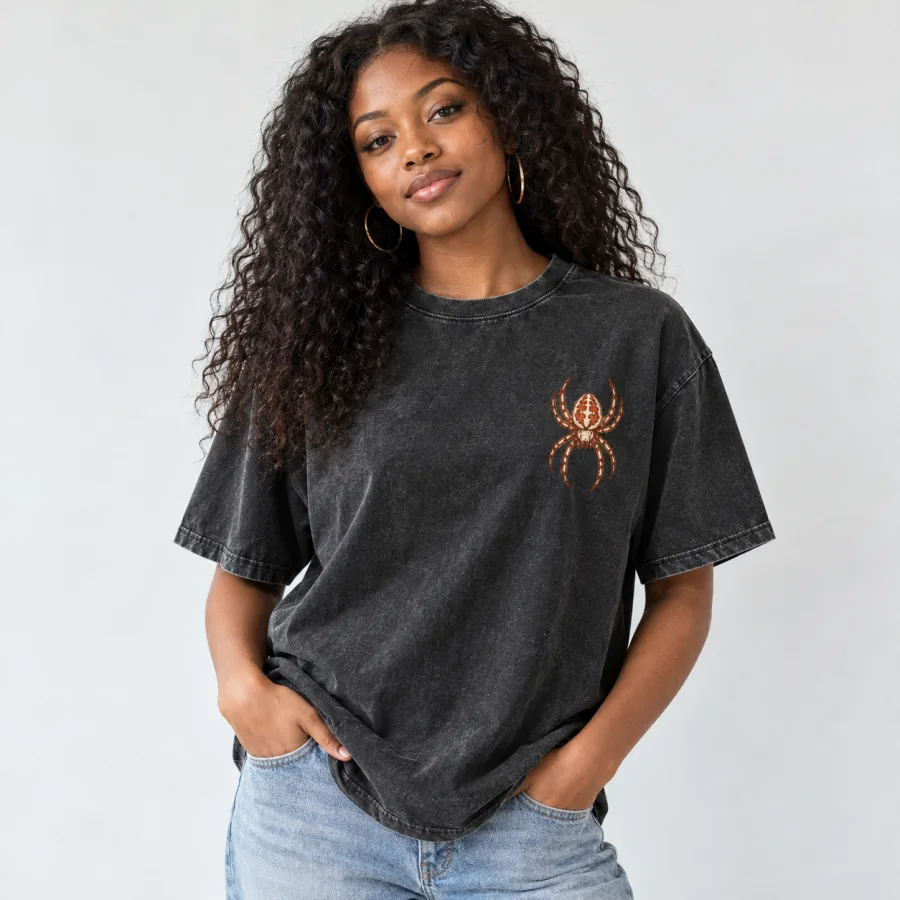 Model wearing washed black Night Shift Web Co. heavyweight tee