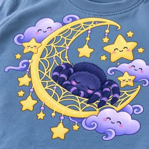Close-up of sleepy spider in crescent web with smiling stars