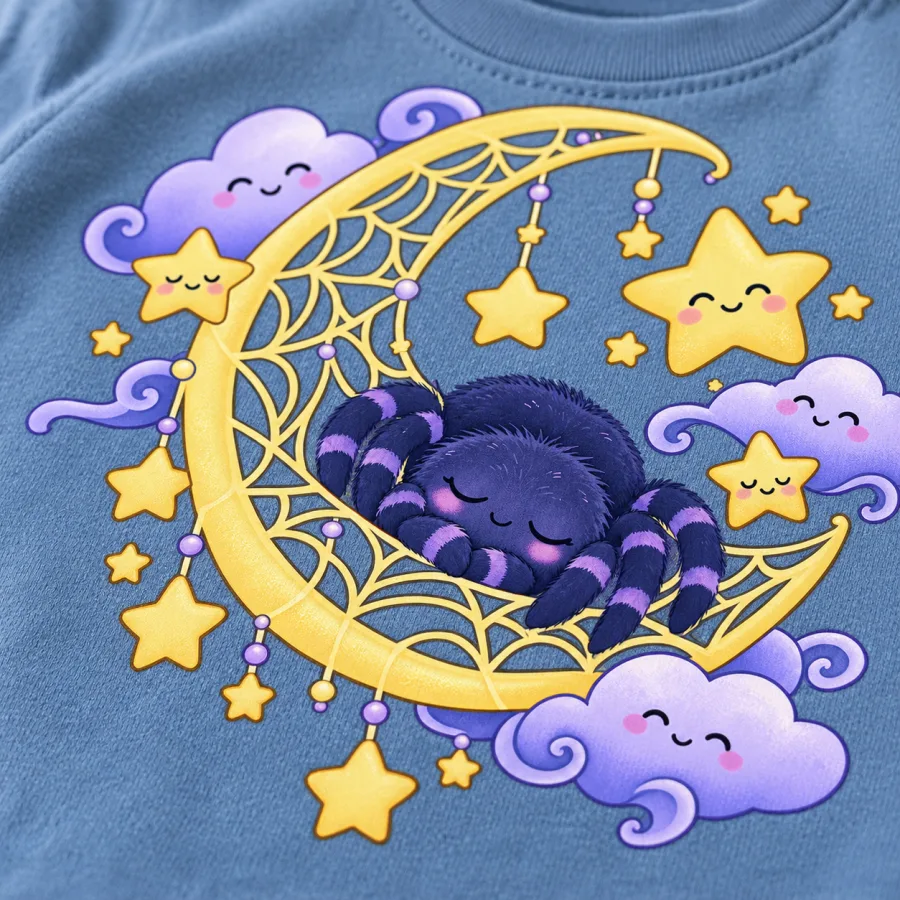 Close-up of sleepy spider in crescent web with smiling stars