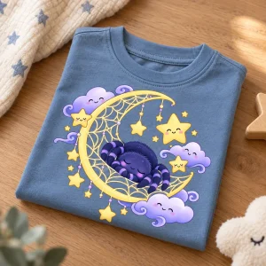 Folded dusty blue toddler spider graphic tee
