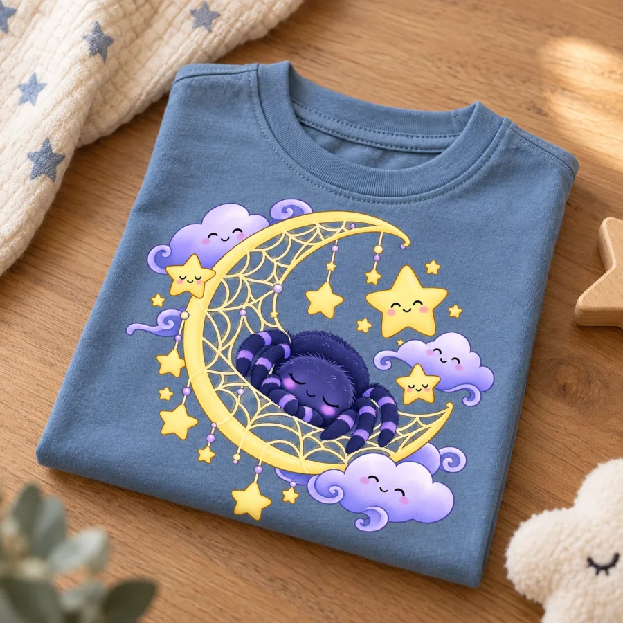 Folded dusty blue toddler spider graphic tee