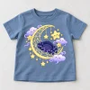 Front flat lay of dusty blue Night Sky Web toddler spider graphic tee
