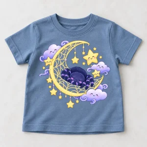 Front flat lay of dusty blue Night Sky Web toddler spider graphic tee