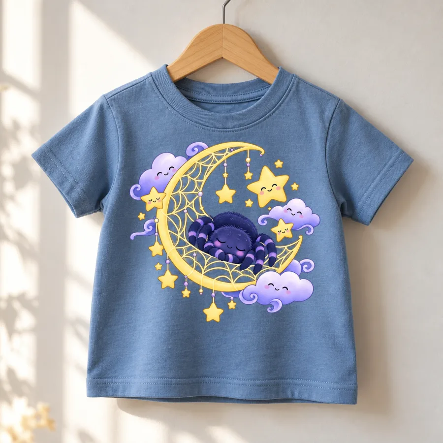 Night Sky Web kids tee on a small wooden hanger