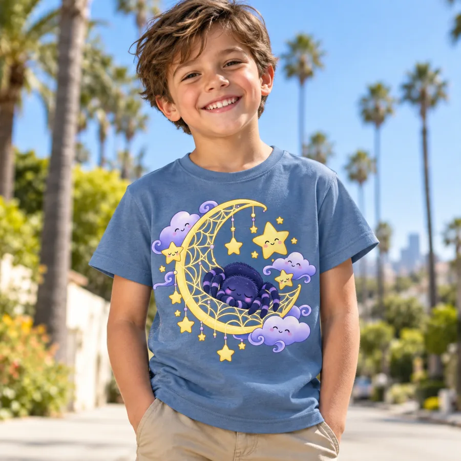 Toddler in Night Sky Web tee reading a picture book on a bed