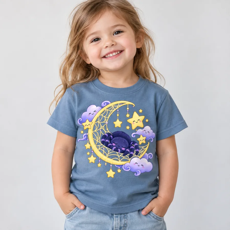 Toddler wearing dusty blue Night Sky Web tee