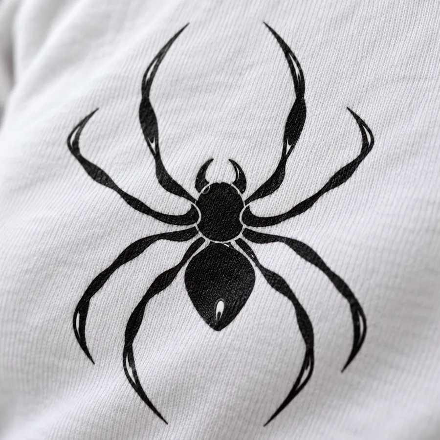 Close-up of black continuous-line One Line Spider print on textured white cotton fabric