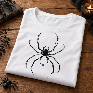 Folded white women's fitted One Line Spider minimalist spider shirt with black chest print visible on top