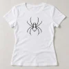 Front flat lay of white women's fitted One Line Spider minimalist spider shirt with black continuous-line chest artwork