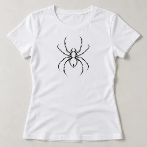 Front flat lay of white women's fitted One Line Spider minimalist spider shirt with black continuous-line chest artwork