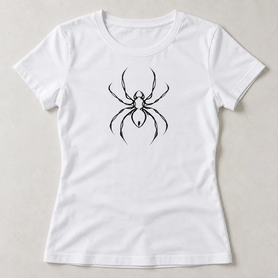 Front flat lay of white women's fitted One Line Spider minimalist spider shirt with black continuous-line chest artwork