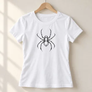 White women's fitted One Line Spider shirt displayed on a hanger with minimalist black spider artwork visible