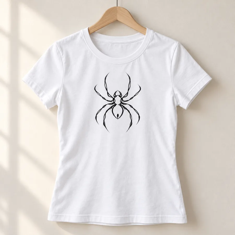 White women's fitted One Line Spider shirt displayed on a hanger with minimalist black spider artwork visible
