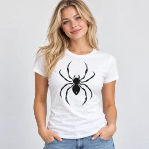 Woman wearing white One Line Spider minimalist spider shirt with black spider line art centered high on the chest
