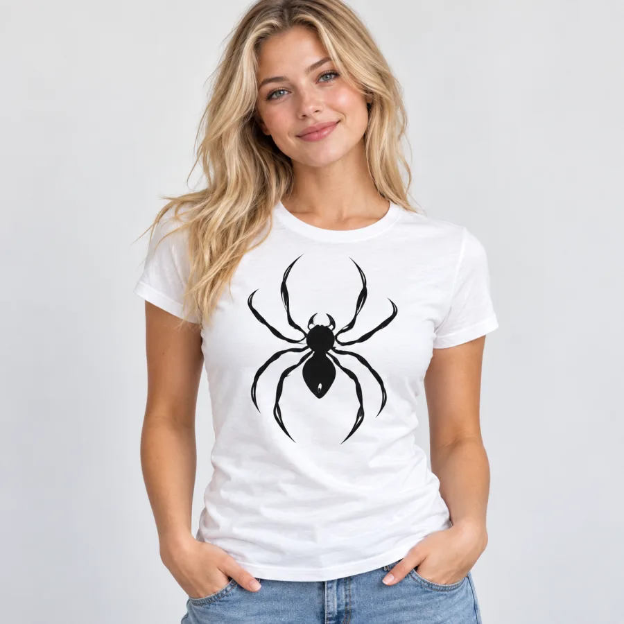 Woman wearing white One Line Spider minimalist spider shirt with black spider line art centered high on the chest