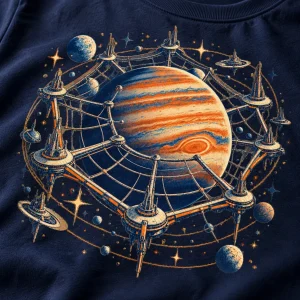 Close-up of Orbital Web Station print showing cotton texture, geometric web structures and striped planet details