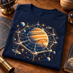 Folded Navy Orbital Web Station retro sci fi spider web shirt on a wooden table with space-themed props