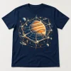 Front flat lay of Navy Orbital Web Station retro sci fi spider web shirt with geometric space station and striped planet graphic