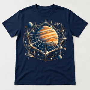 Front flat lay of Navy Orbital Web Station retro sci fi spider web shirt with geometric space station and striped planet graphic