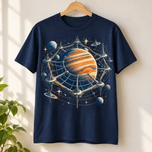 Navy Orbital Web Station retro sci fi spider web shirt hanging on a wooden hanger with full front artwork visible