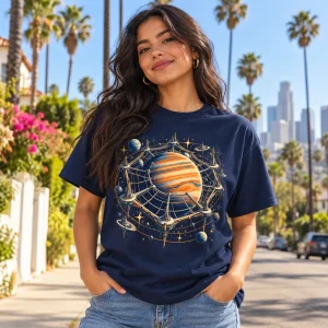 Latina woman wearing Navy Orbital Web Station retro sci fi spider web shirt outdoors in a bright Los Angeles neighborhood